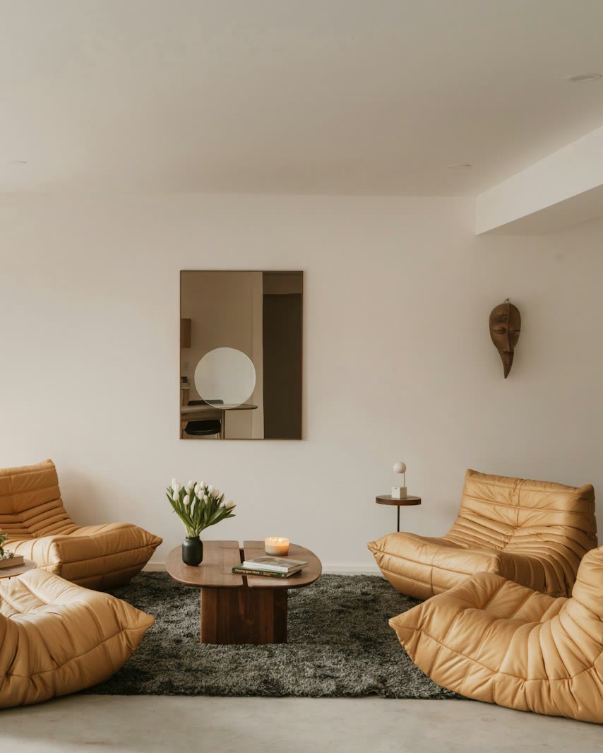 Sitting room with tan lounge chairs, a walnut table and a tall mirror