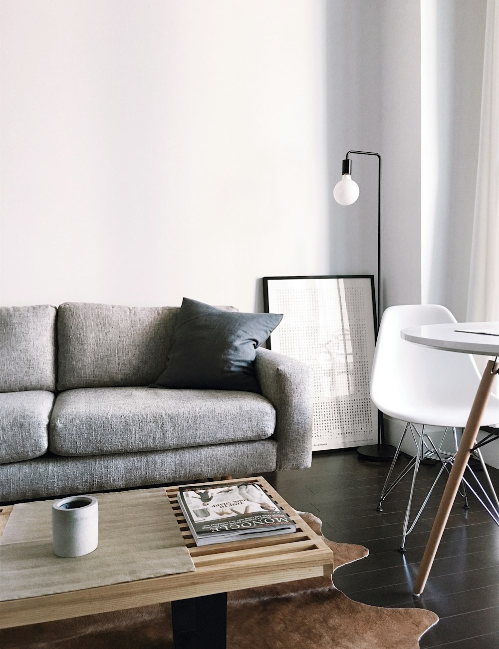 Grey sofa and side table